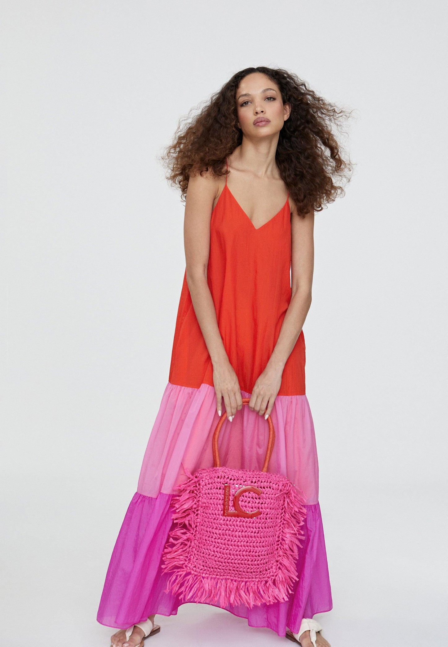 LS2416007-Pink-Long three-tone dress