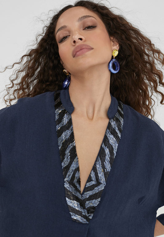 LS2416023-Navy-Half sleeve midi caftan