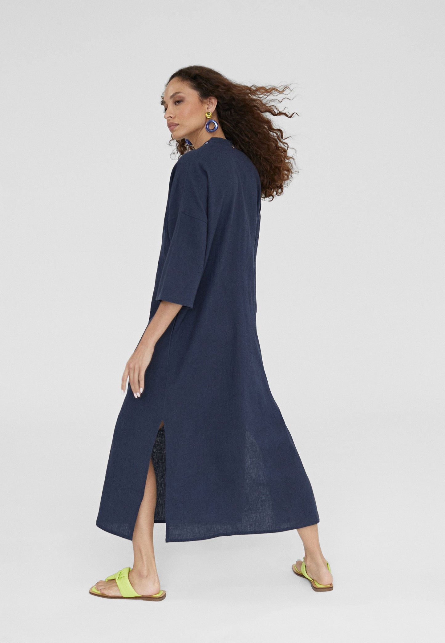 LS2416023-Navy-Half sleeve midi caftan