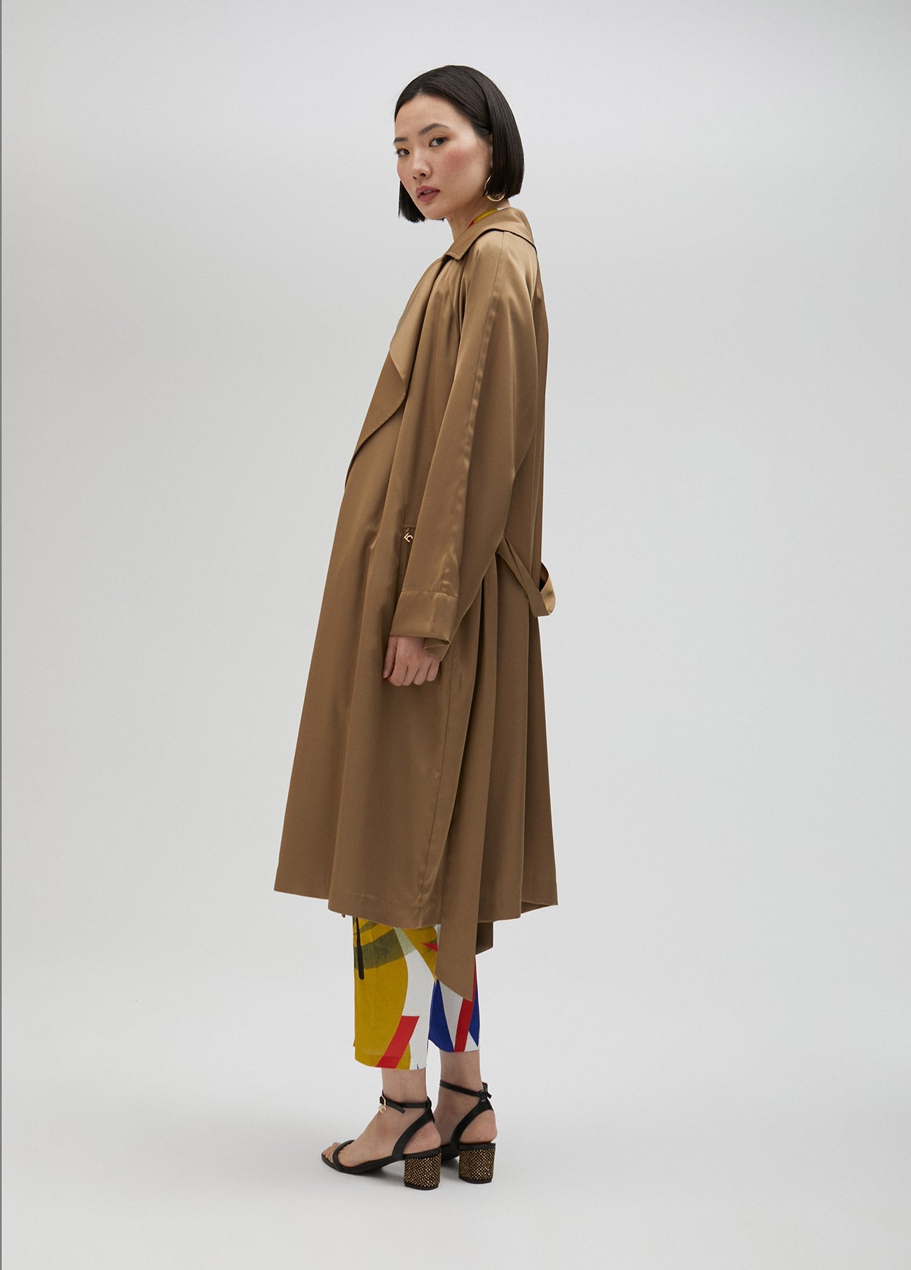 Long sateen trench coat