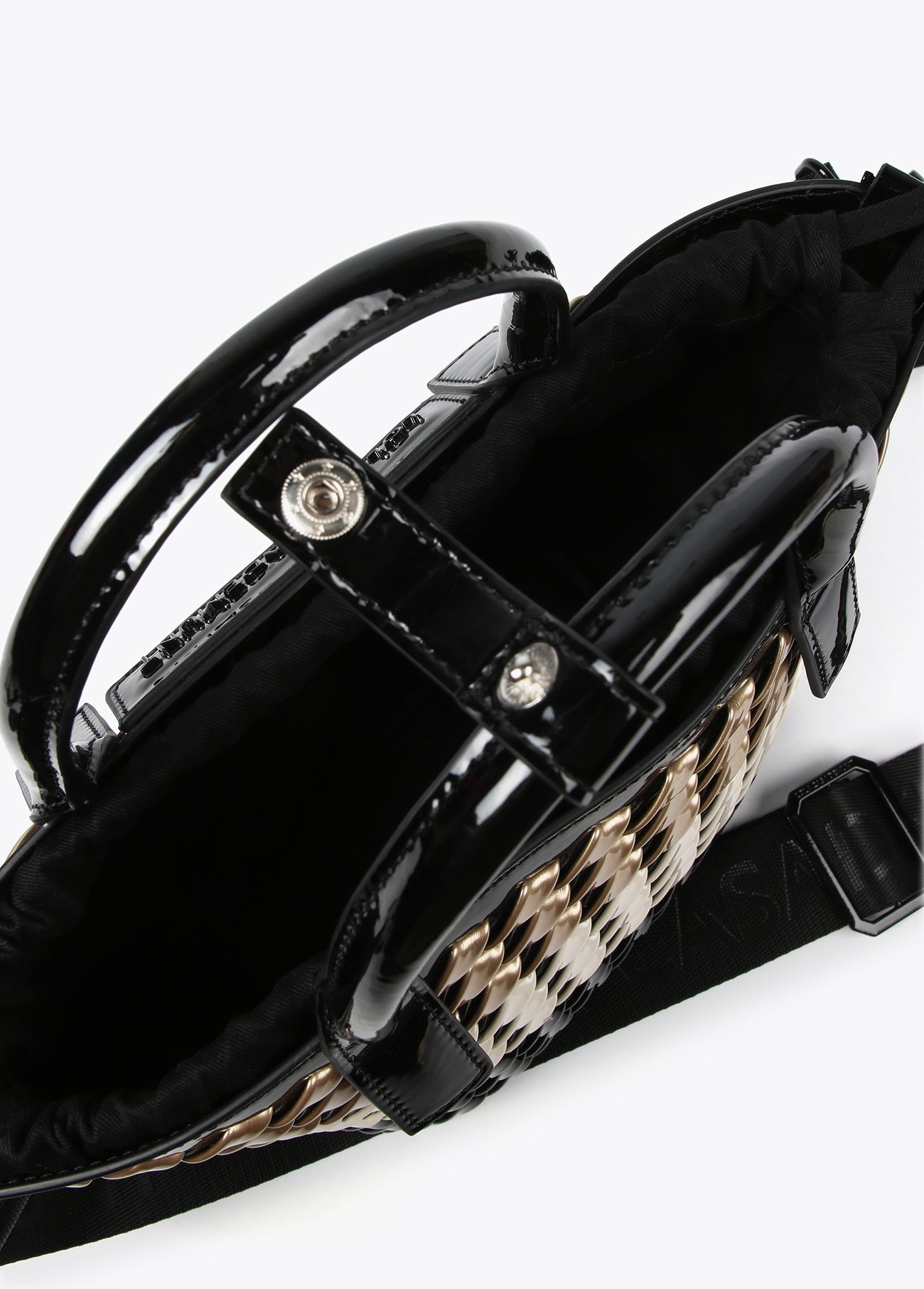 Woven faux patent mini tote bag