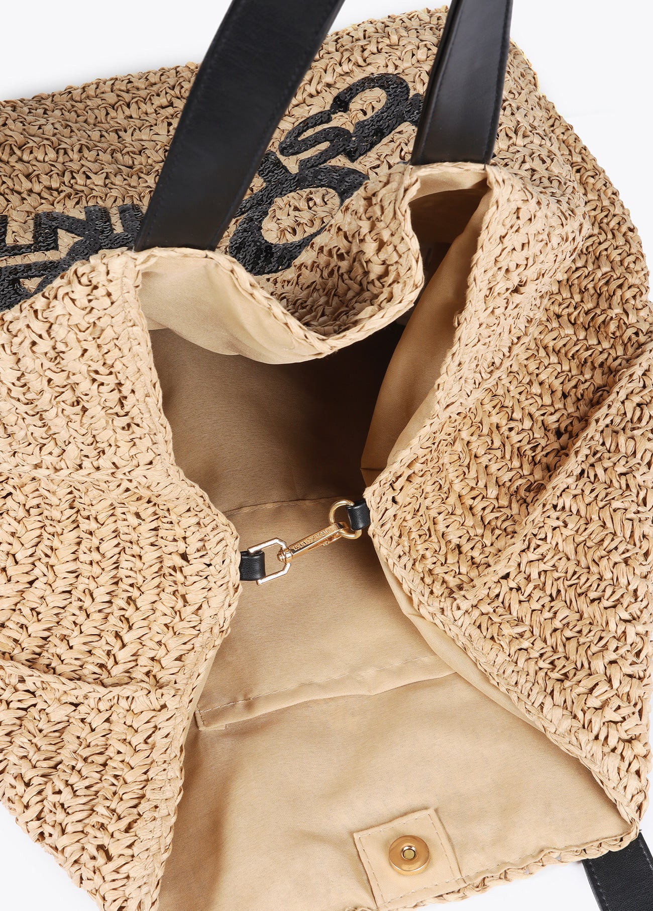 Raffia-effect bag with glittery logo detail