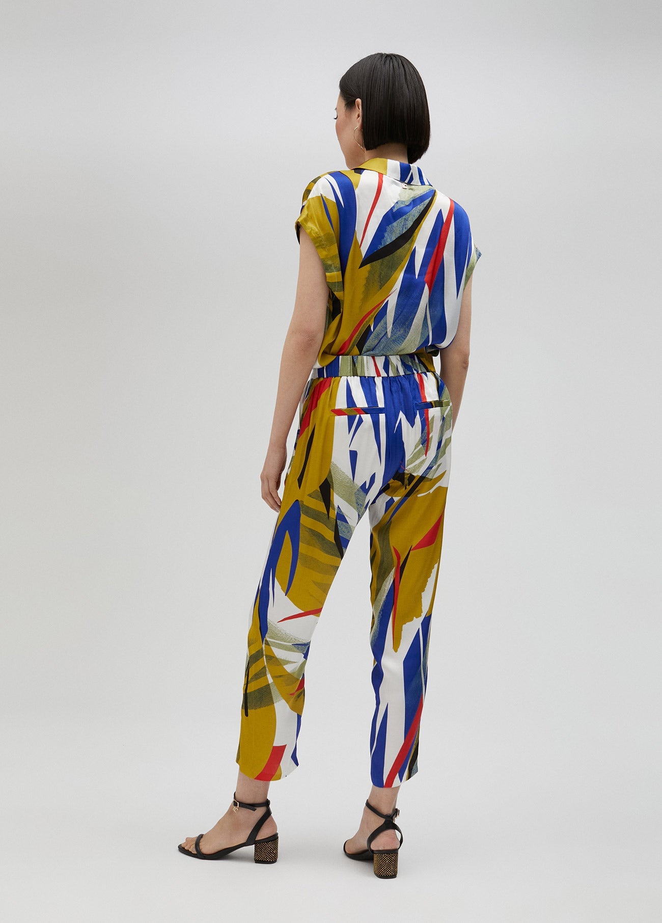 Tropical print satin joggers