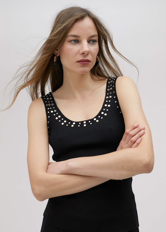 Knit top with rhinestone neckline