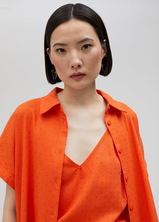 Long oversize blouse with rhinestone detail