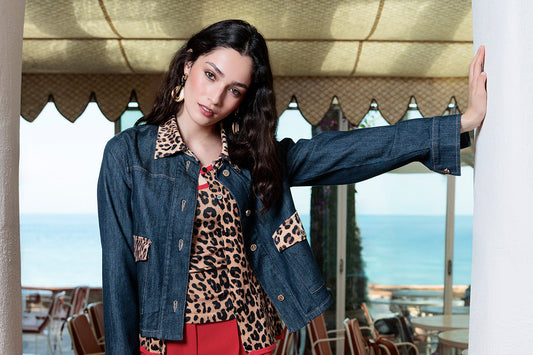 Short Denim Jacket with Leopard Collar and Flap Details
