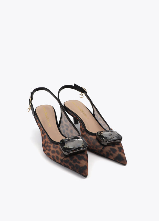 Mesh High Heel with Animal Print and Crystal Detail