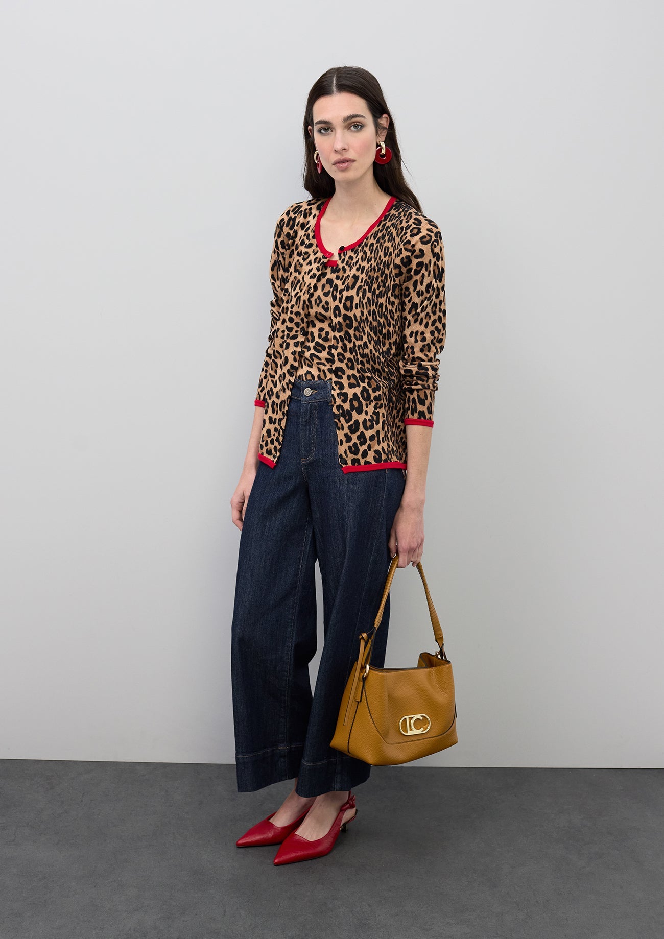 Denim culotte with leopard detail on pockets
