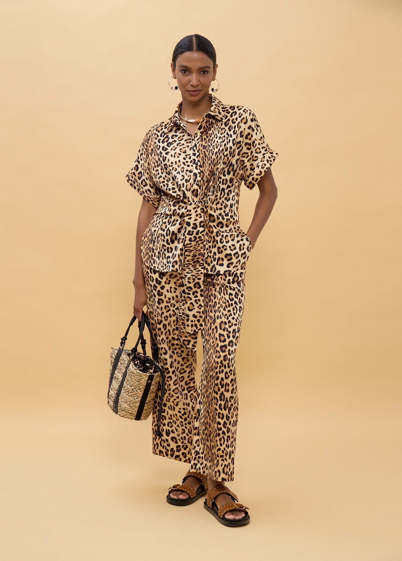 Short Sleeve Knot Animal Print Shirt
