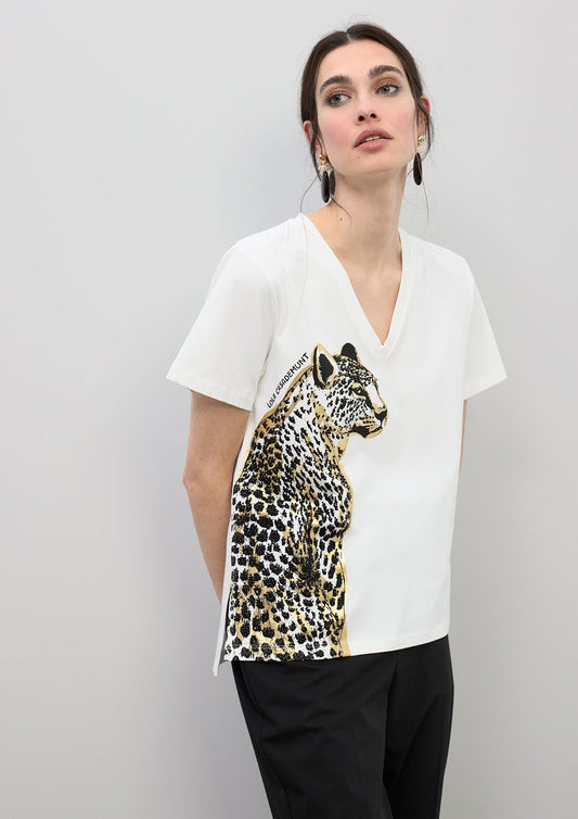 V-neck Animal Print T-shirt with Beads