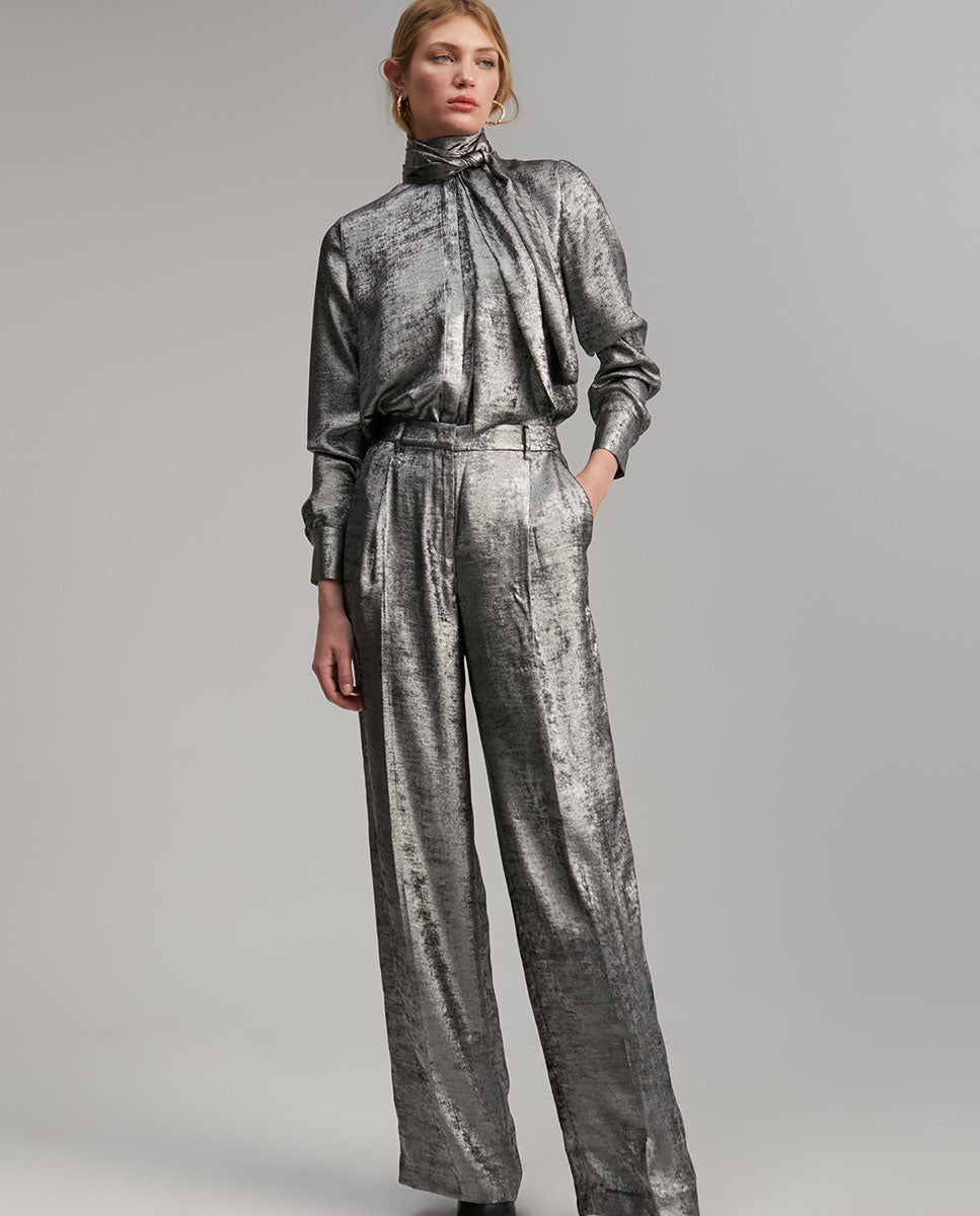 Laminated straight-leg trousers