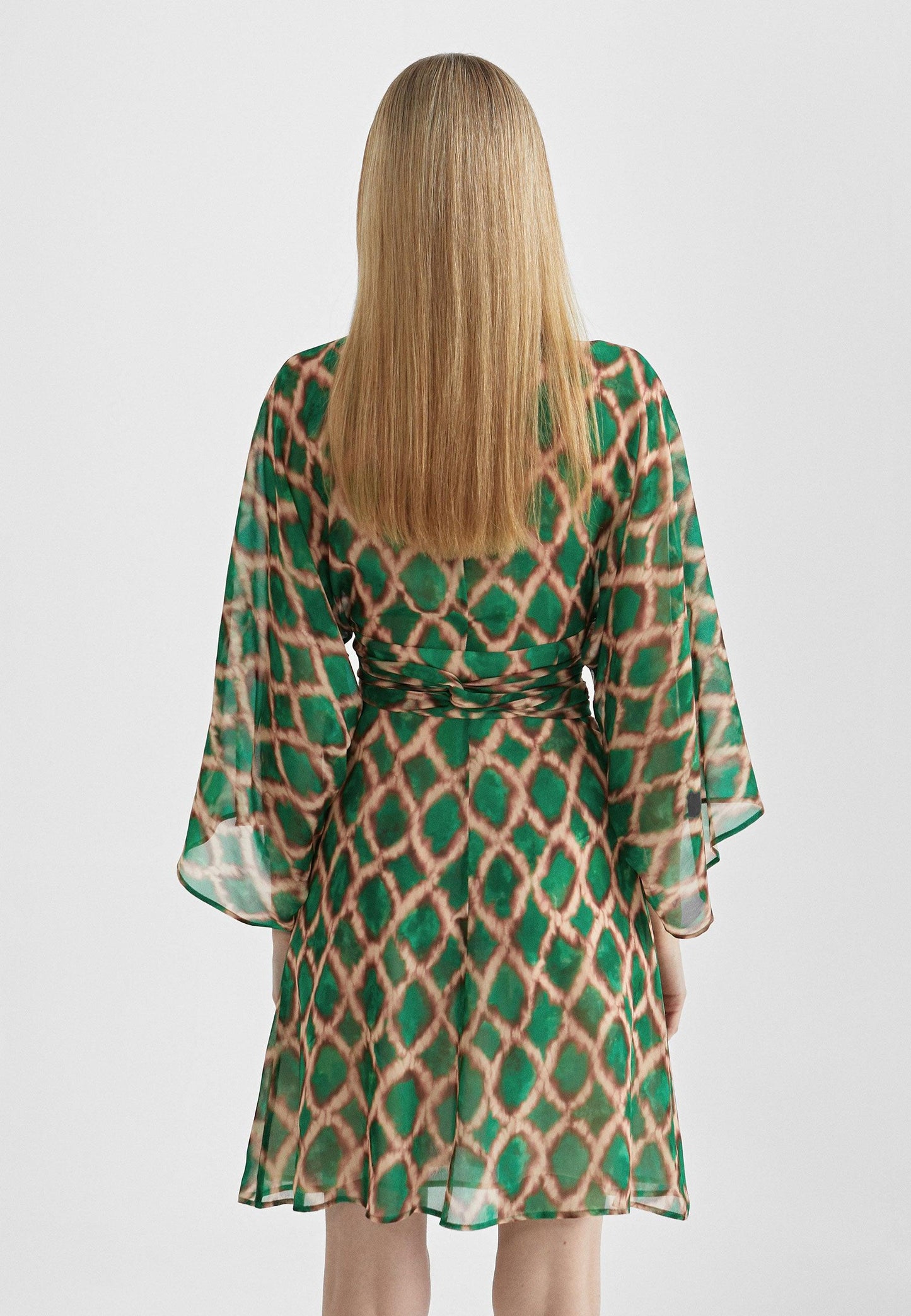 MS2416039-Green-Brown-Short flowing printed dress