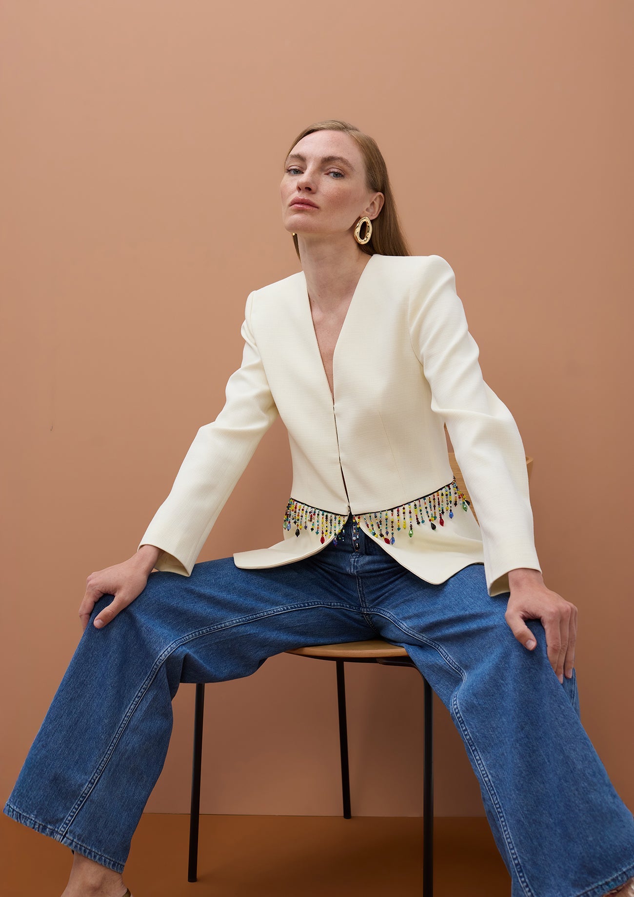 Fitted Blazer with Colorful Stones at Waist