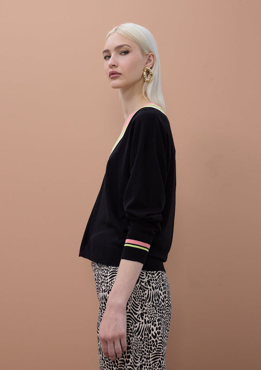 Contrast V-Neck Sweater with Braid Detail