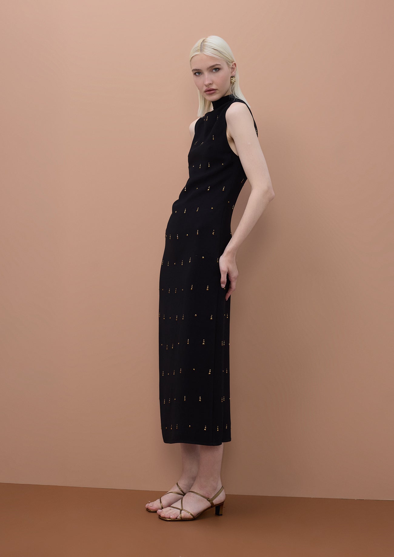 Sleeveless Midi Dress with Stone Detail