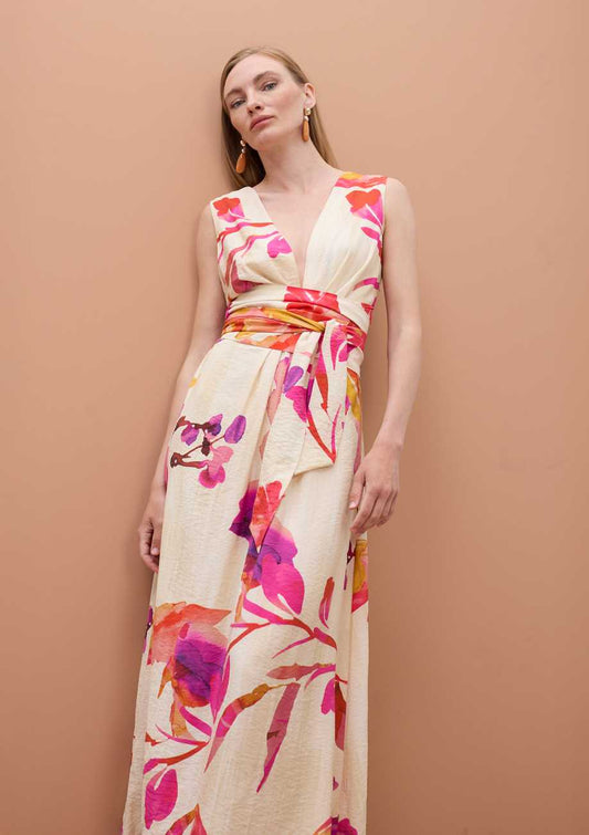 V-neck Dress with Adjustable Belt and Floral Print