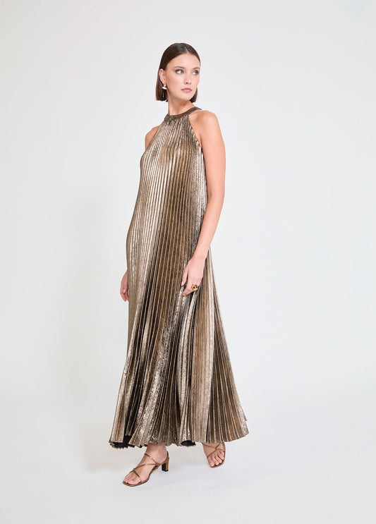 Gold Pleated Halter Dress