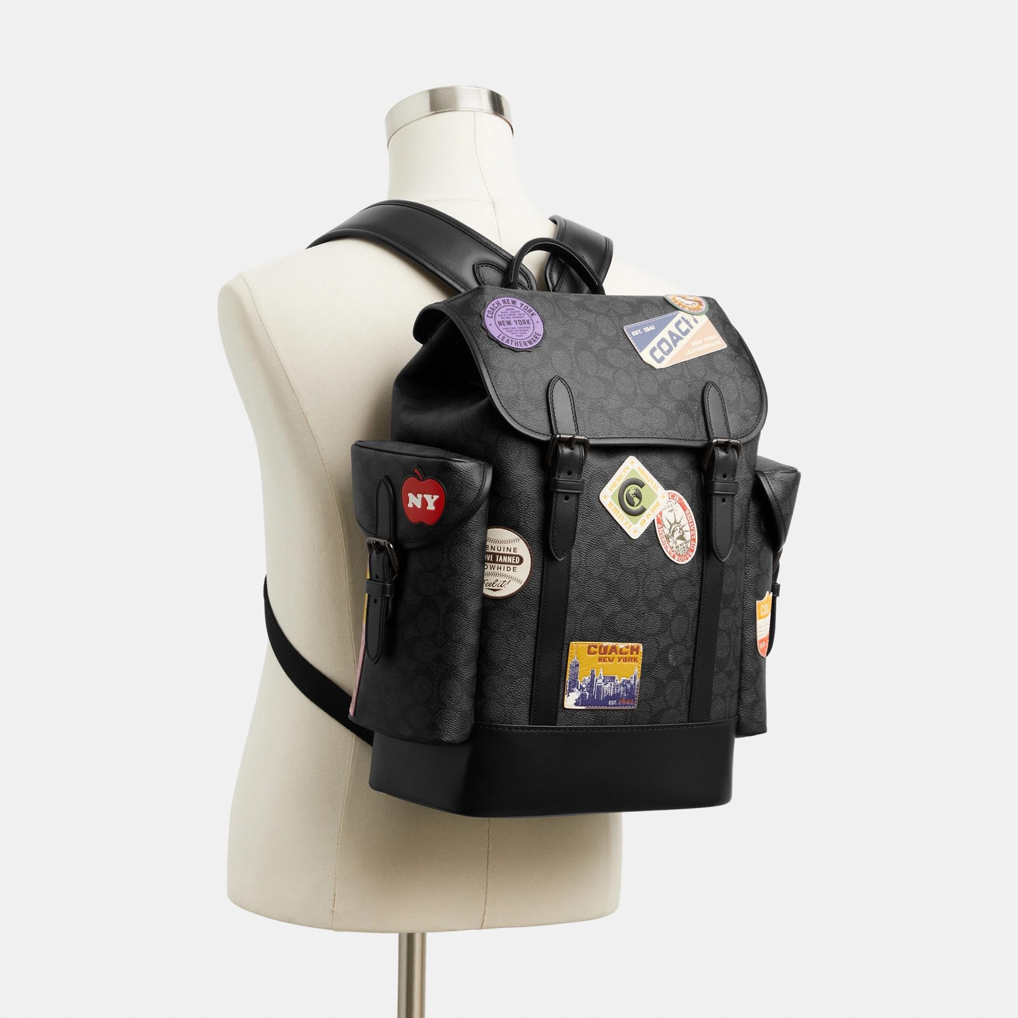 CBF04-Hitch Backpack In Signature Canvas With Patches-Charcoal Multi