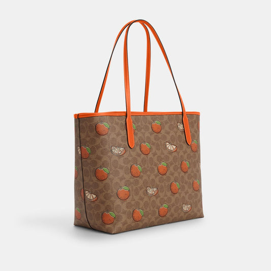 CAL74-City Tote Bag In Signature Canvas With Orange Print-Im/Tan Multi
