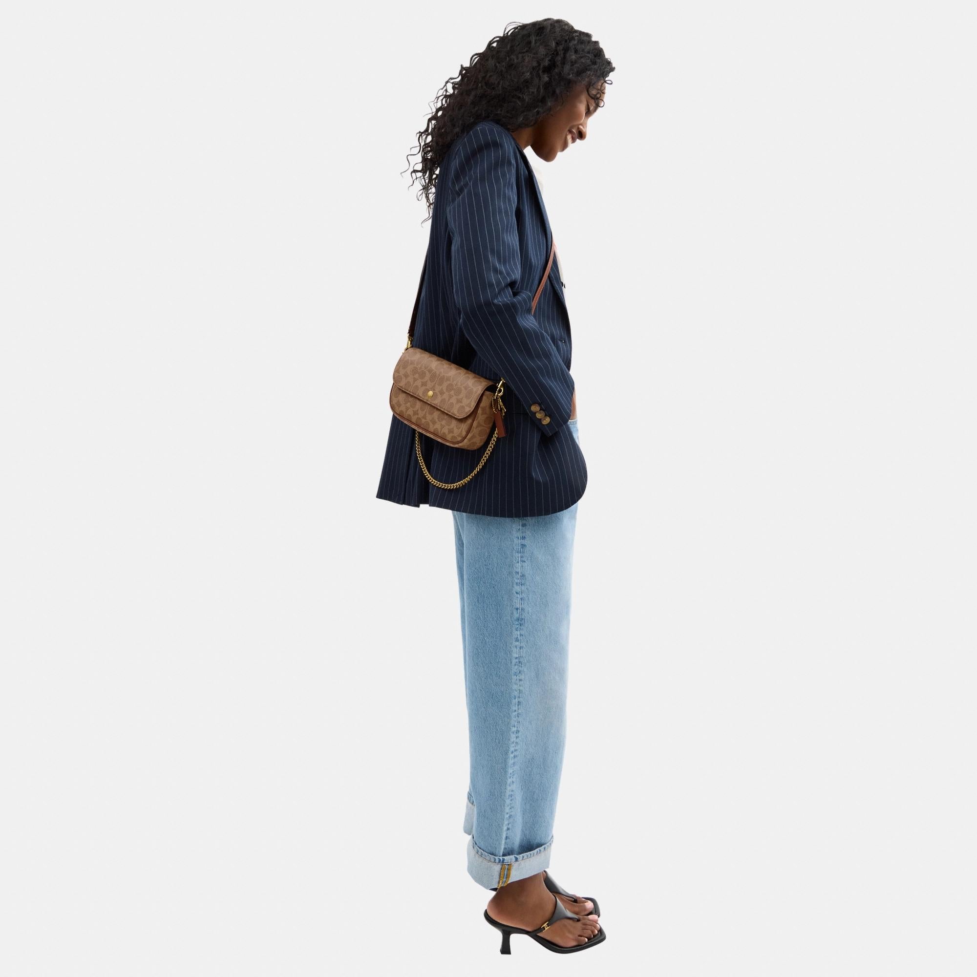 CAN91-BROOK FLAP CHAIN BAG IN SIGNATURE CANVAS-B4/Tan Caramel