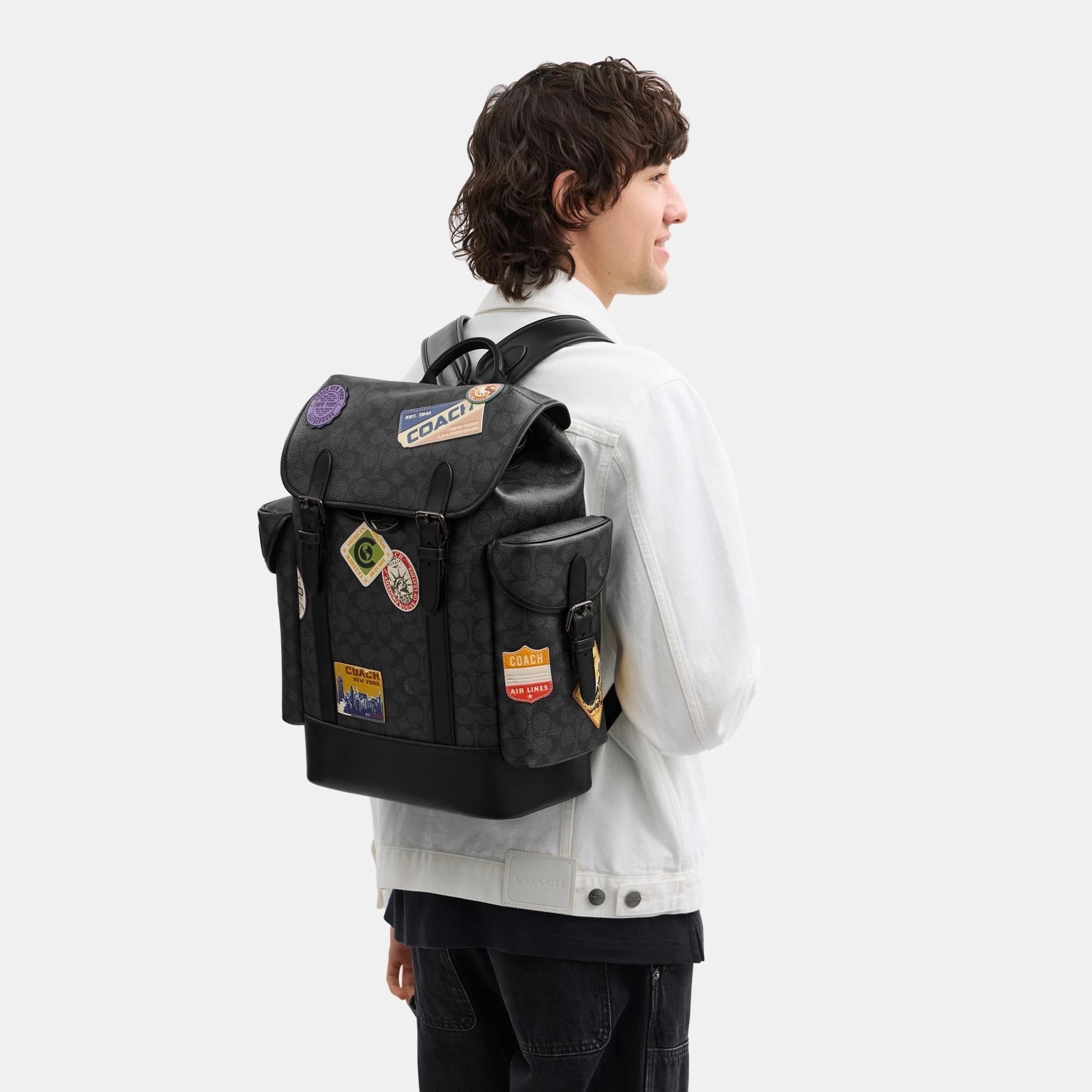 CBF04-Hitch Backpack In Signature Canvas With Patches-Charcoal Multi