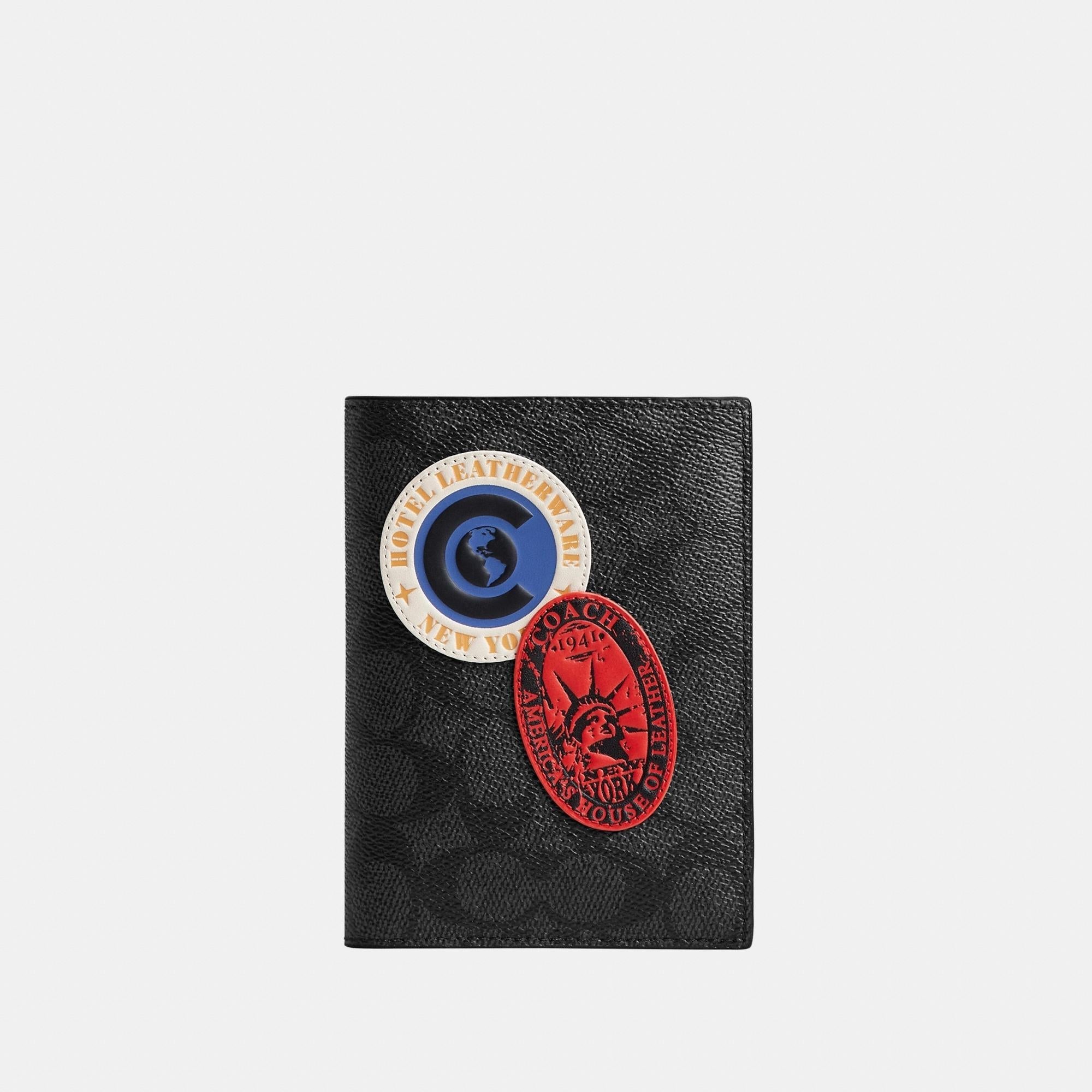 CBH97-Passport Case In Signature Canvas With Patches-Charcoal Multi