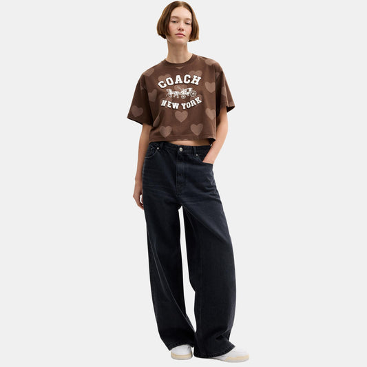 CDI34-Cropped Horse and Carriage Heart T Shirt-Brown