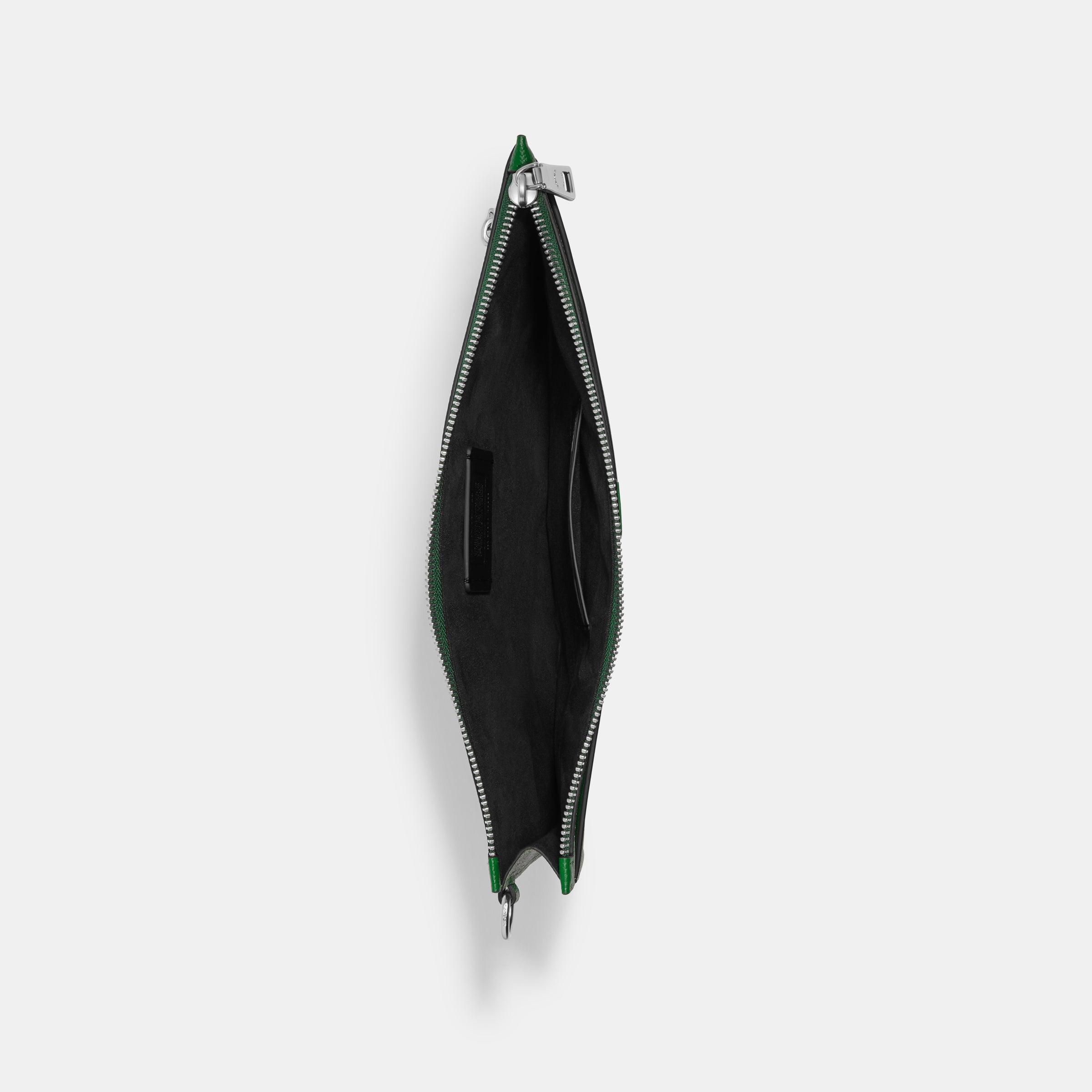 CJ798-Pouch Wristlet In Crossgrain Leather With Signature Canvas Interior-Green