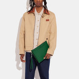 CJ798-Pouch Wristlet In Crossgrain Leather With Signature Canvas Interior-Green