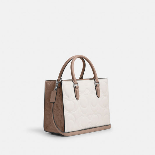 CY671-Maggie Small Tote Bag In Blocked Signature Leather-SV/Chalk/Taupe