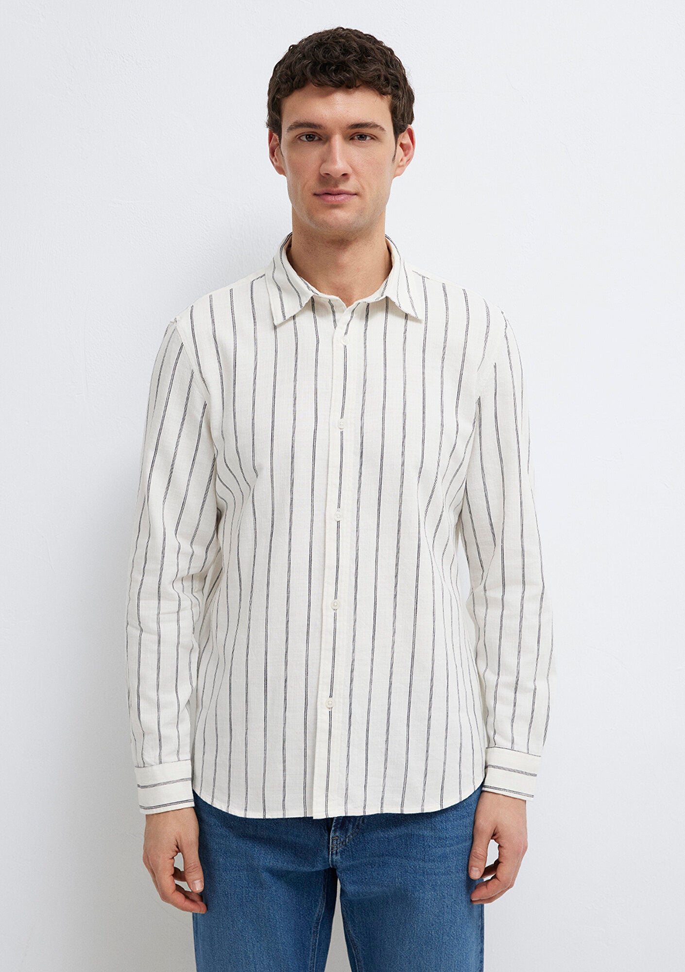 Navy Striped Linen Blend Shirt