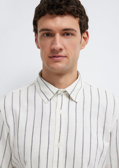 Navy Striped Linen Blend Shirt