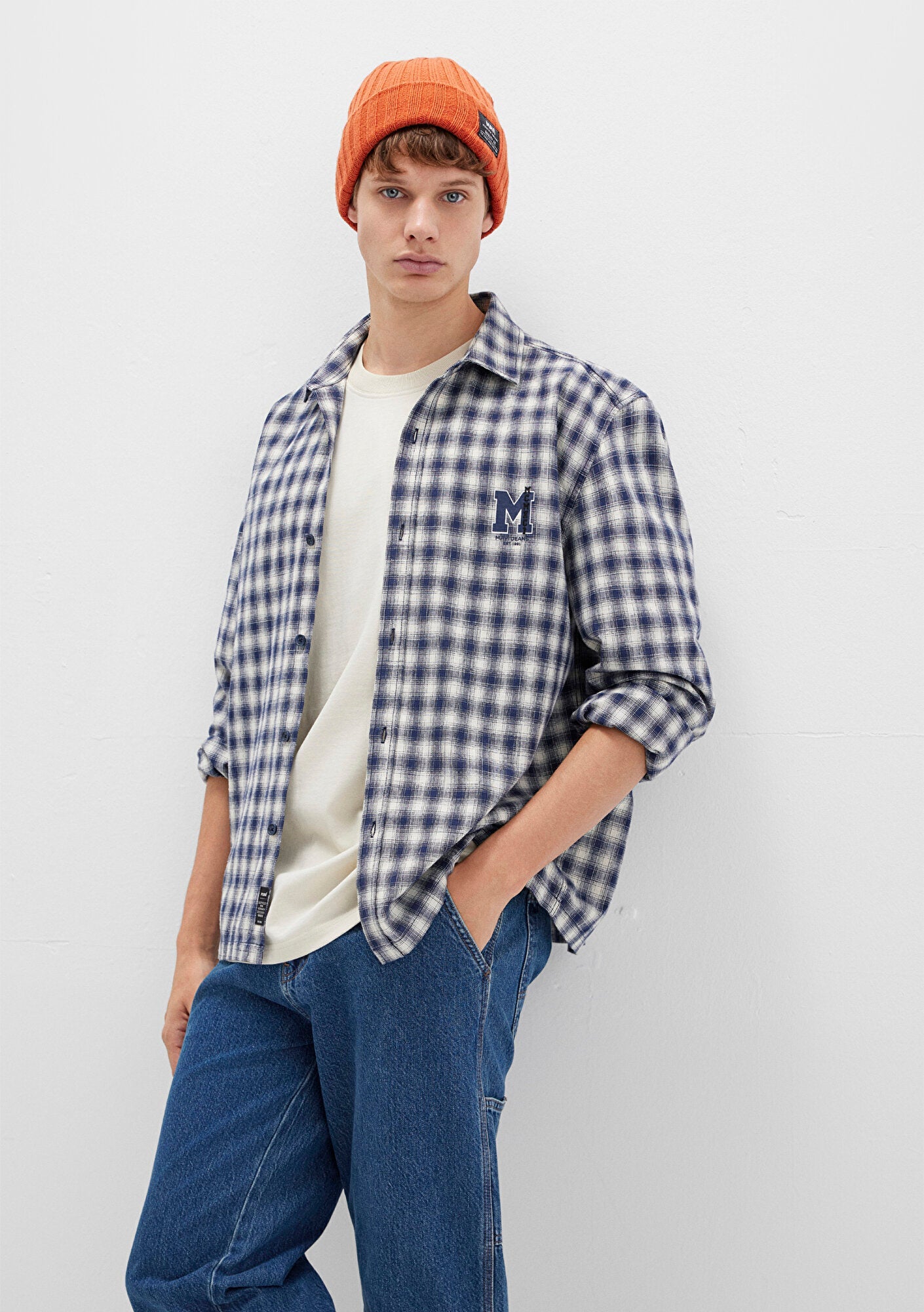 M Logo Printed Checkered Blue Shirt