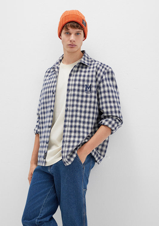 M Logo Printed Checkered Blue Shirt