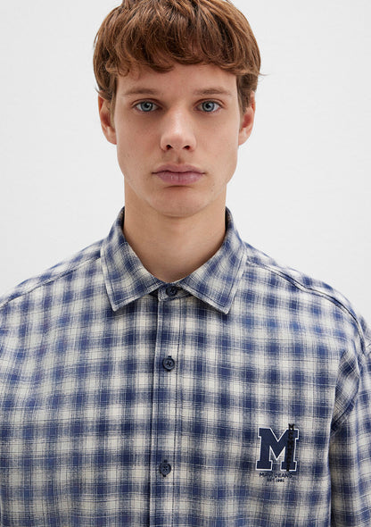 M Logo Printed Checkered Blue Shirt