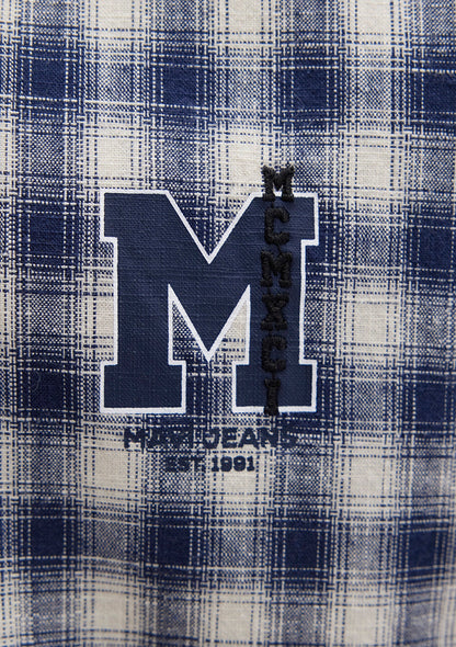 M Logo Printed Checkered Blue Shirt