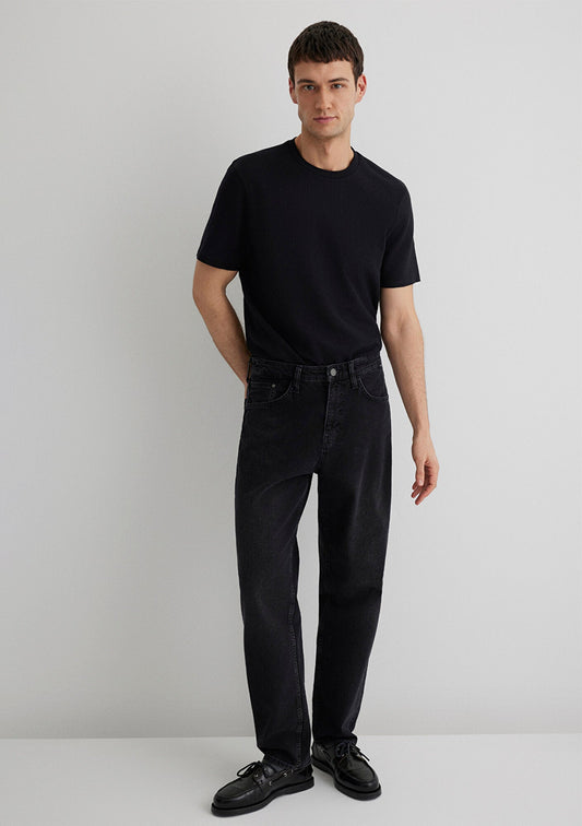 Textured Black Basic T-Shirt