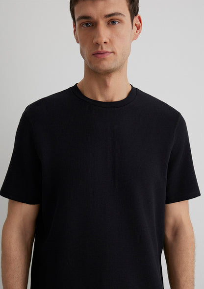 Textured Black Basic T-Shirt