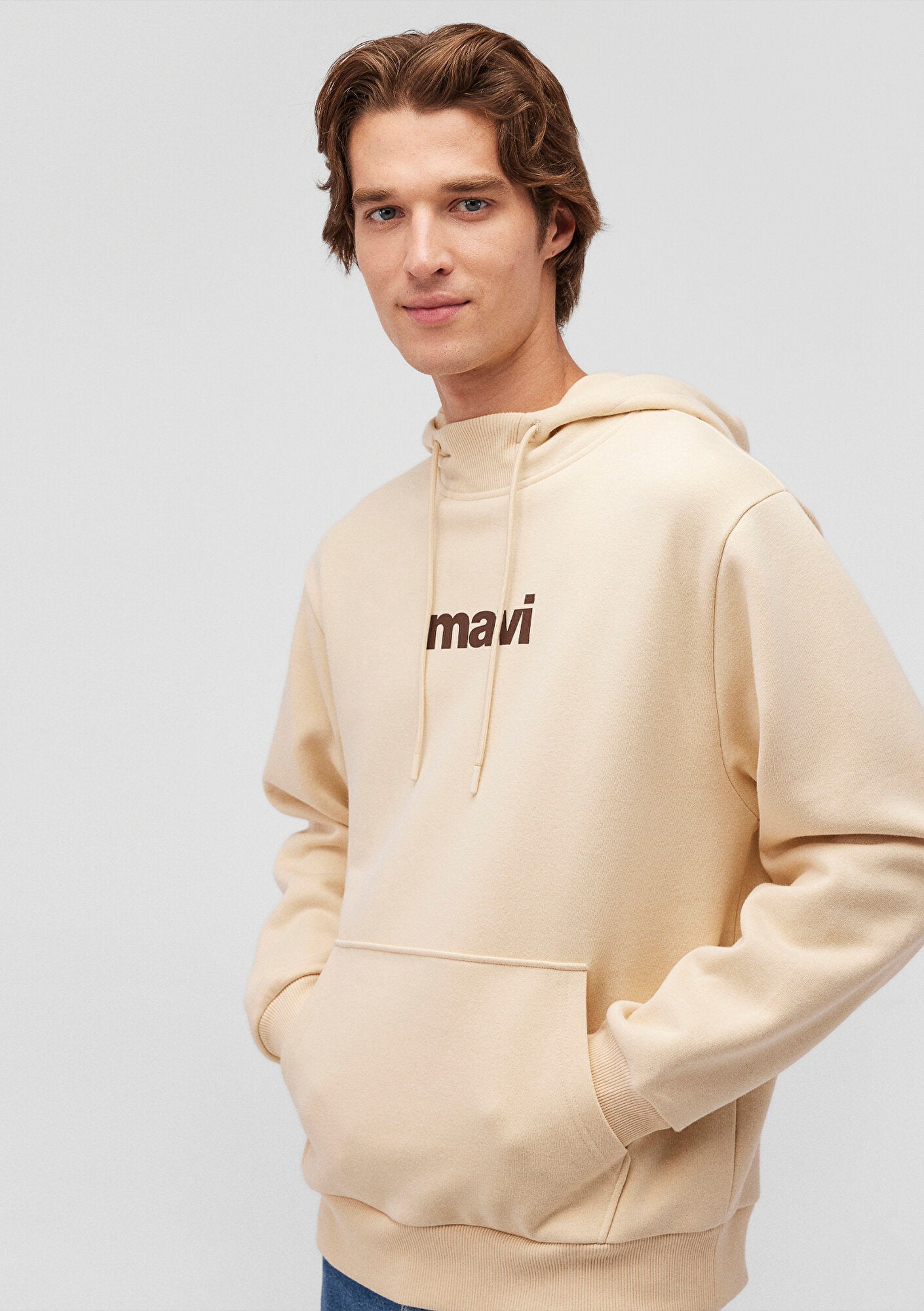 Mavi Logo Printed Hooded Beige Sweatshirt