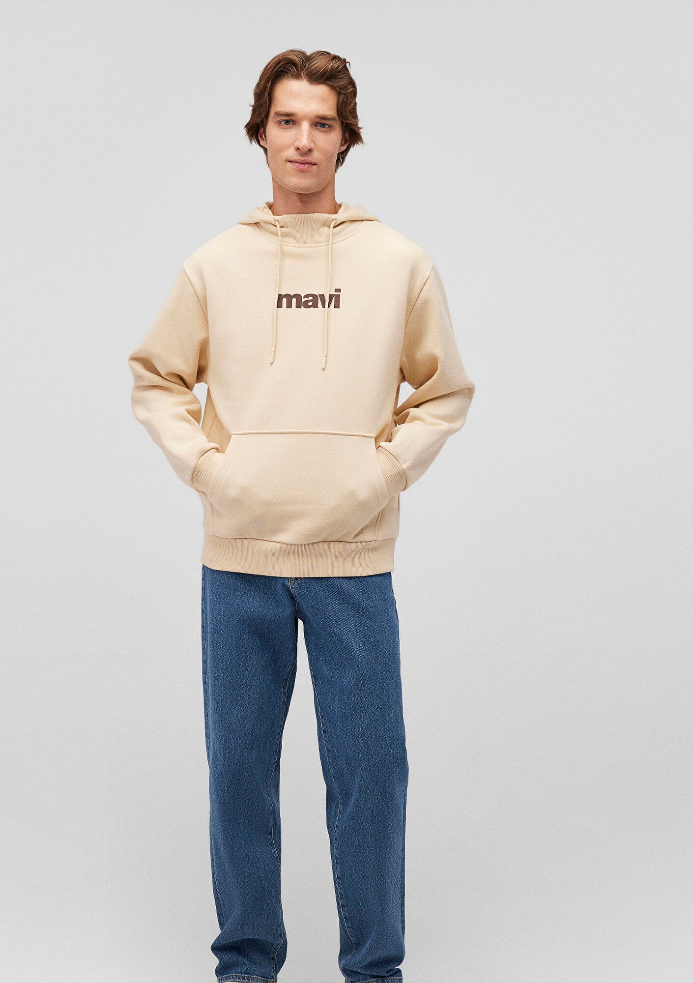 Mavi Logo Printed Hooded Beige Sweatshirt