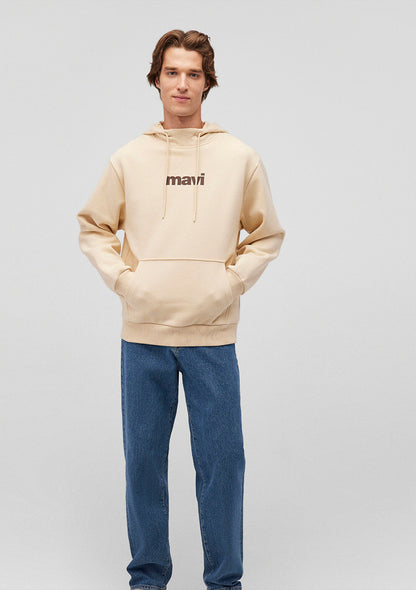 Mavi Logo Printed Hooded Beige Sweatshirt