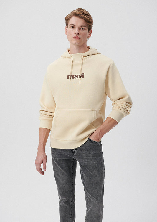 Mavi Logo Printed Hooded Beige Sweatshirt