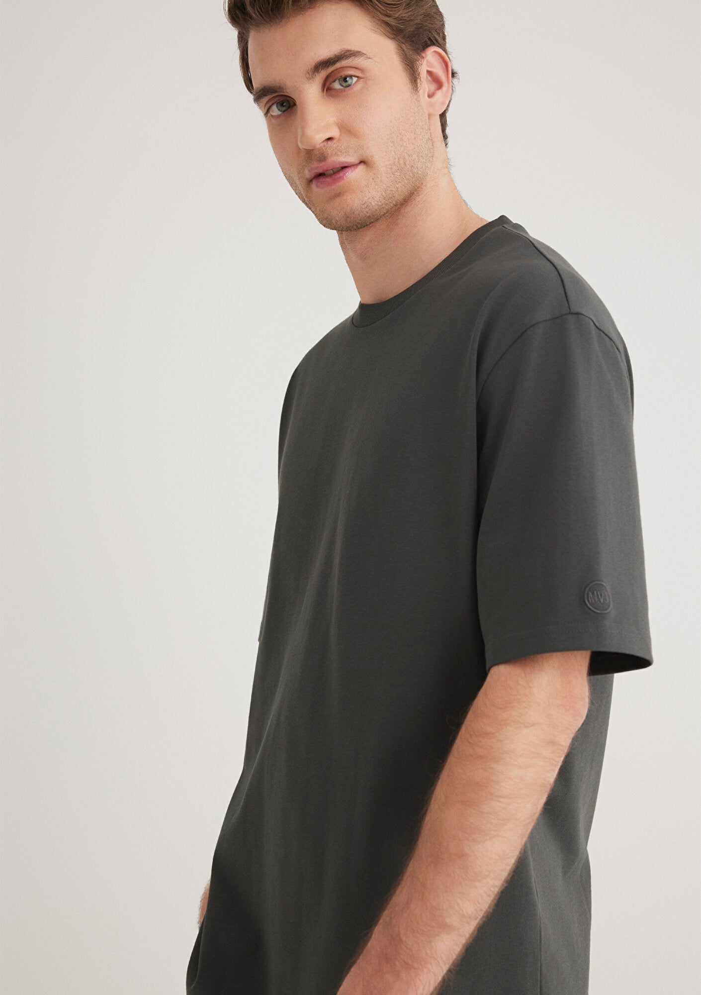 Logo Detailed Grey Basic T-Shirt