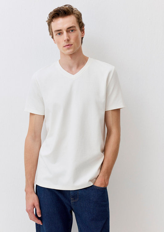 V Neck Ecru Basic T-Shirt
