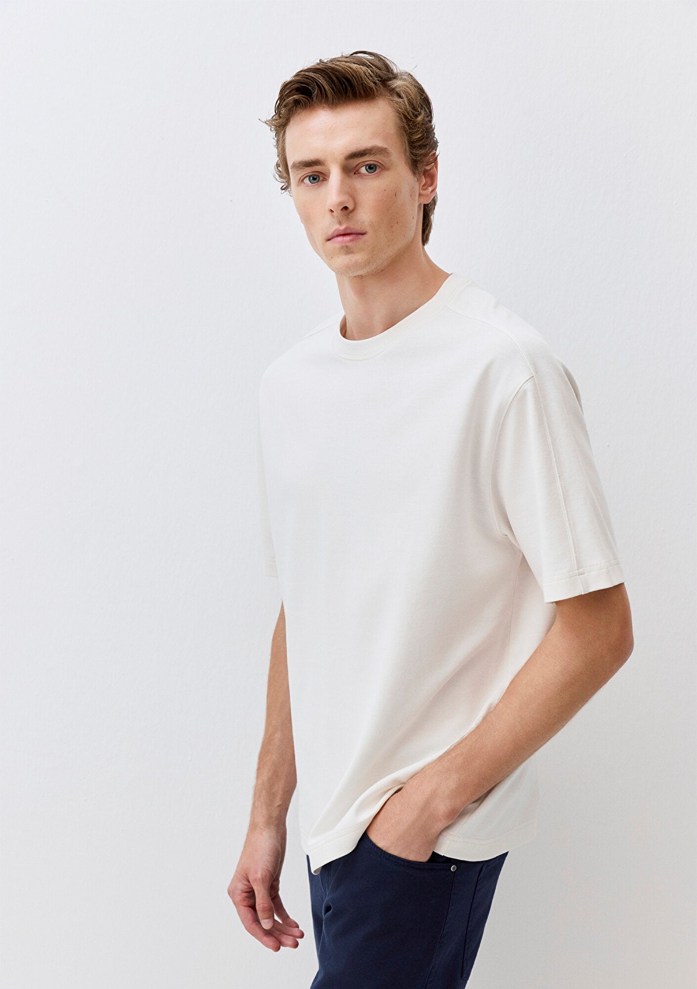 Crew Neck Ecru Basic T-Shirt
