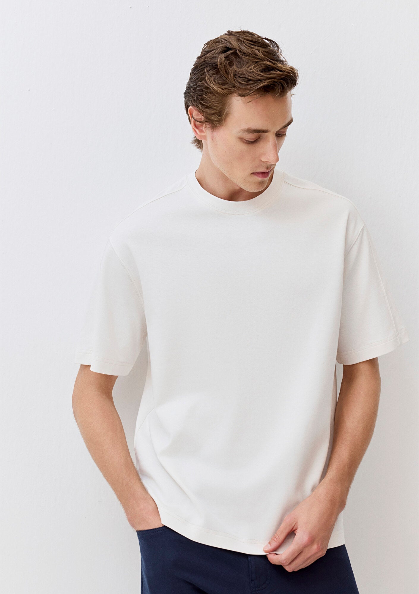 Crew Neck Ecru Basic T-Shirt