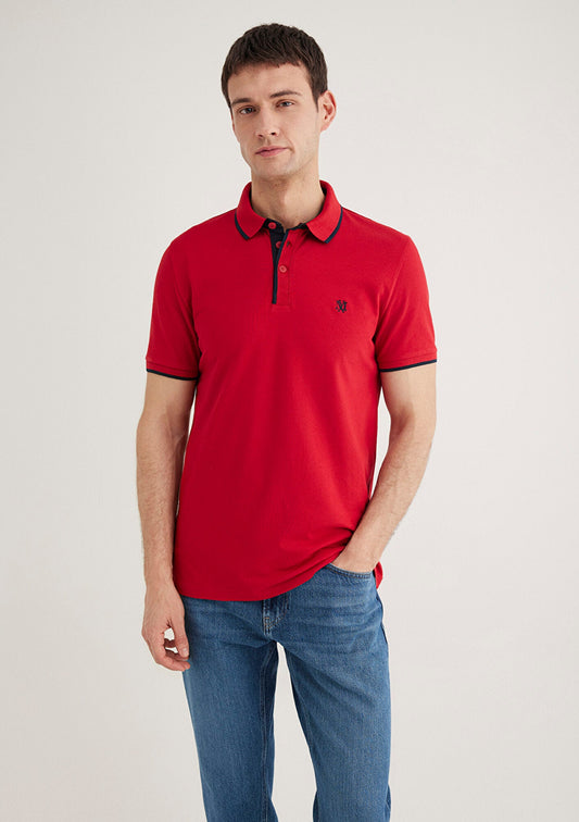Collar Detailed Red Polo T-Shirt