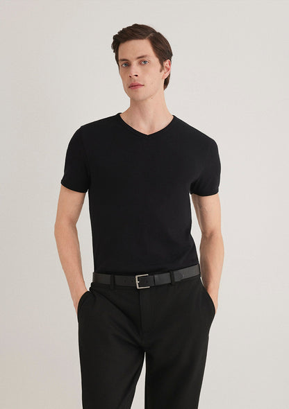 V Neck Siyah Basic T-Shirt