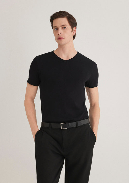 V Neck Siyah Basic T-Shirt