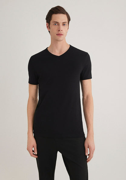 V Neck Siyah Basic T-Shirt